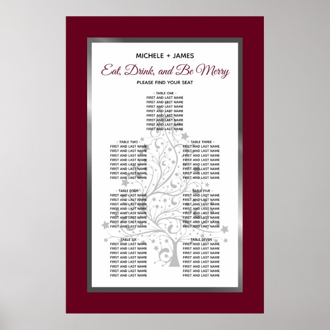 Elegantes Silver Burgund Seating Chart Poster (Vorne)