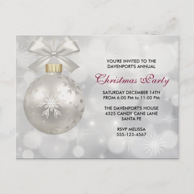 Elegantes Silver Christmas Ball Party Einladung Postkarte (Vorderseite)