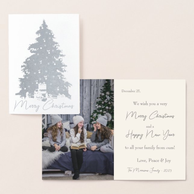 Elegantes Silver Christmas Tree & Gifts Foto Folienkarte (Anzeige)