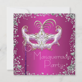Elegantes Silver Confetti Hot Pink Masquerade Part Einladung