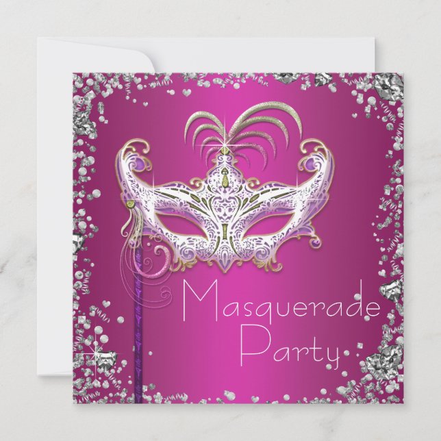 Elegantes Silver Confetti Hot Pink Masquerade Part Einladung (Vorderseite)