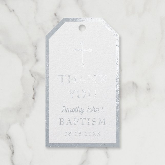 Elegantes Silver Cross Baptism Foto Geschenkanhänger (Vorderseite)