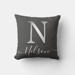 Elegantes Silver Custom Monogram N Name Throw Pill Kissen