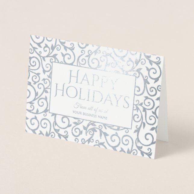 Elegantes Silver Damask Holiday Corporate Business Folienkarte (Vorderseite)
