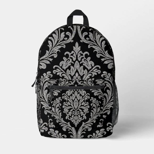 Elegantes Silver Damask Muster Backpack Bedruckter Rucksack (Vorderseite)