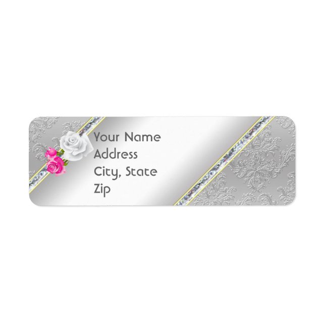 Elegantes Silver Damask und rosa Rose Address Labe (Vorne)