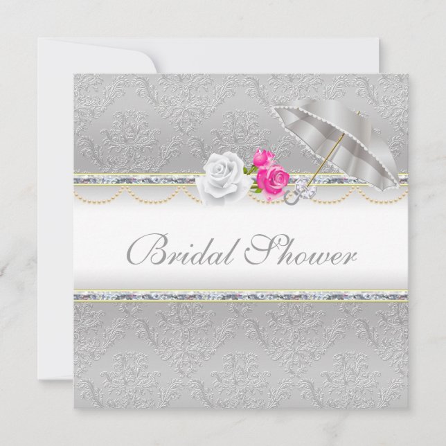 Elegantes Silver Damask und rosa Rose Brautparty Einladung (Vorderseite)