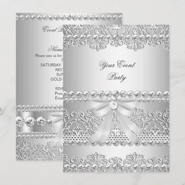 Elegantes Silver Diamond White Lace Party Einladung (Vorne/Hinten)