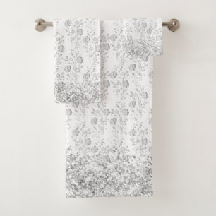 Elegantes Silver Floral Glittery Glam Badetuch Set