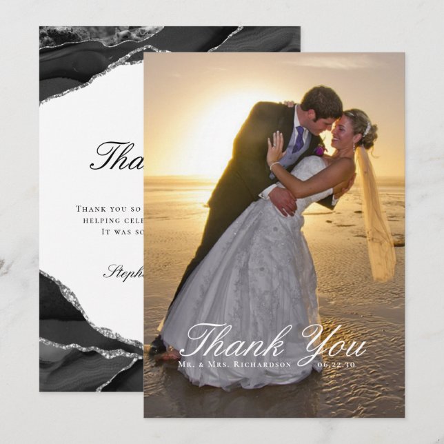 Elegantes Silver Foil Black Agate Wedding Foto Dankeskarte (Vorne/Hinten)