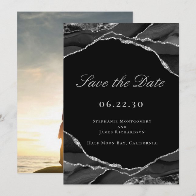Elegantes Silver Foil Black Agate Wedding Foto Save The Date (Vorne/Hinten)