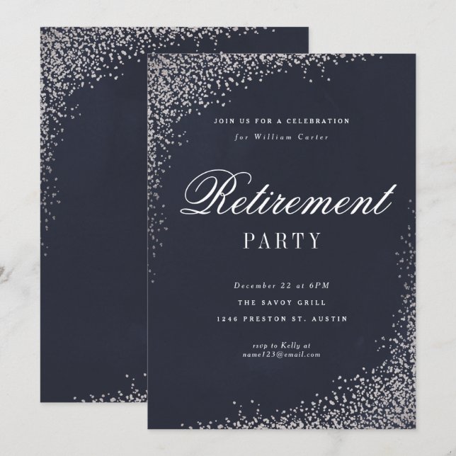 Elegantes Silver Foil Script Retirement Party Einladung (Vorne/Hinten)
