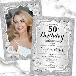 Elegantes Silver Foto 50. Geburtstag Einladung<br><div class="desc">Elegante florale feminine 50. Geburtstagseinladung mit Ihrem Foto auf der Kartenrückseite. Glam-Design mit Imitaten Glitzer Silber. Verfügt über silberne Streifen, weiße Rosen, Skript-Schriftart und Konfetti. Ideal für ein stilvolles Party für Erwachsene. Personalisieren Sie Ihre persönlichen Daten. Kann für jedes Alter angepasst werden! Gedruckte Zazzle Einladungen oder Sofortdownload digitalen druckbaren Vorlage....</div>