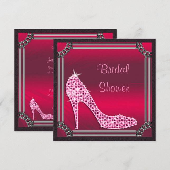 Elegantes Silver Gerahmt Pink Stiletto Brautparty Einladung (Vorne/Hinten)
