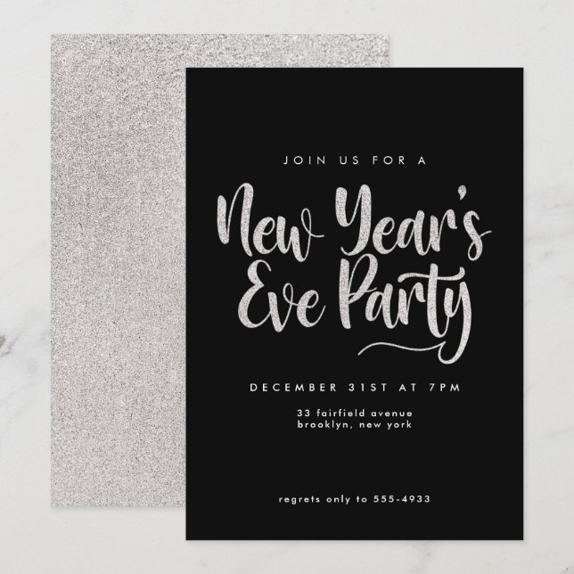 Elegantes Silver Glitzer Black Silvester Party Einladung (Vorne/Hinten)