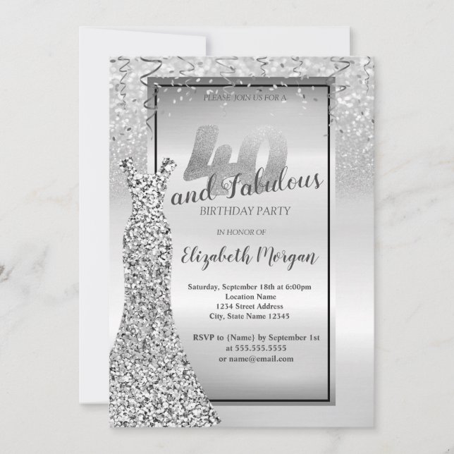 Elegantes Silver Glitzer Dress 40. Geburtstag Part Einladung (Vorderseite)