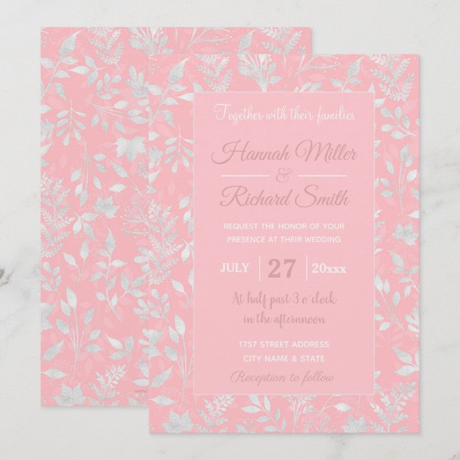Elegantes Silver Glitzer Foliage Rosa Design Einladung (Vorne/Hinten)