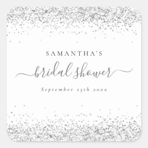Elegantes Silver Glitzer Name Date Brautparty Quadratischer Aufkleber