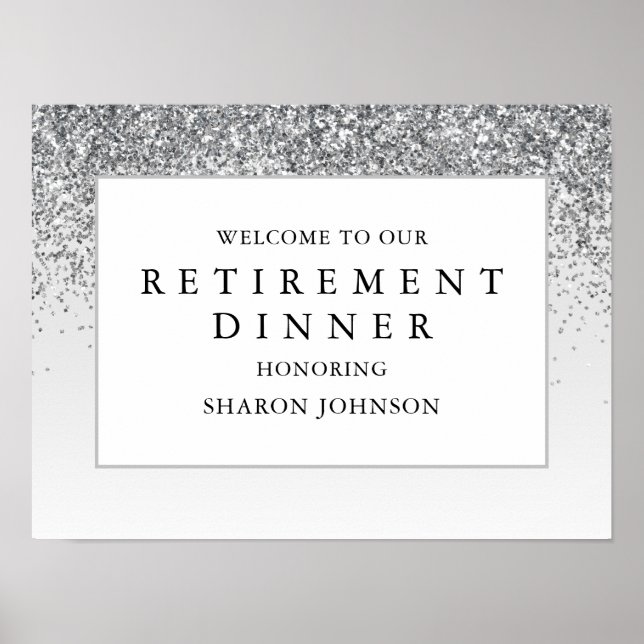 Elegantes Silver Glitzer Retirement Party Willkomm Poster (Vorne)