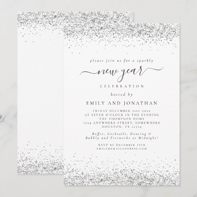 Elegantes Silver Glitzer Script Silvester Party Einladung (Vorne/Hinten)