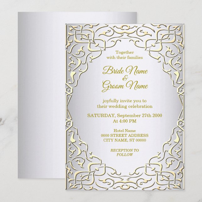 Elegantes Silver Gold dekoratives Hochzeitsempfang Einladung (Vorne/Hinten)