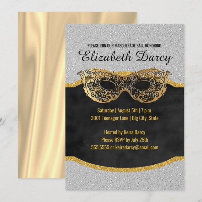 Elegantes Silver Gold Glitzer Masquerade Party Ext Einladung (Vorne/Hinten)