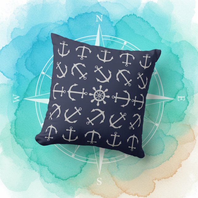 Elegantes Silver Gray auf Navy Blue Anchor Print S Kissen (Stylish nautical throw pillow! ⚓)