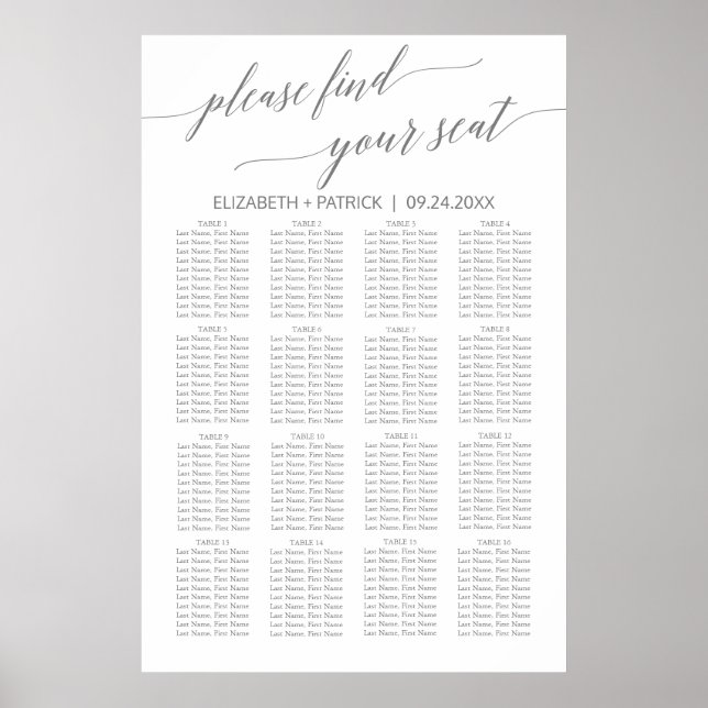 Elegantes Silver Gray Calligraphy Seating Chart Poster (Vorne)