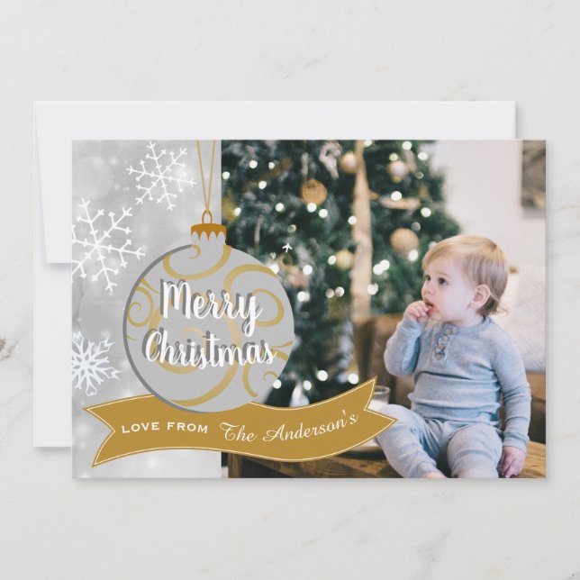 Elegantes Silver Gray Gold Bauble Foto Weihnachten (Vorderseite)