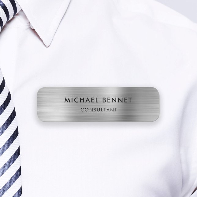 Elegantes Silver Gray Metallic Beruflich Business Namensschild (Elegant Silver Gray Metallic Professional Business Name Tag)
