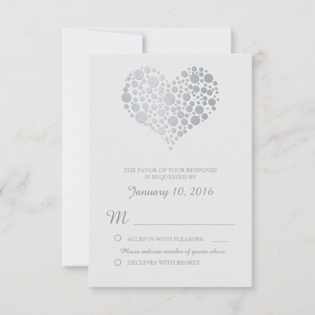 Elegantes Silver Heart Light Gray Wedding RSVP (Vorderseite)