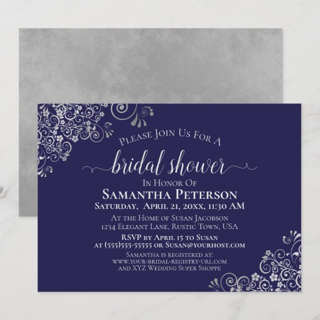 Elegantes Silver Lace auf Navy Blue Brautparty Einladung (Vorne/Hinten)