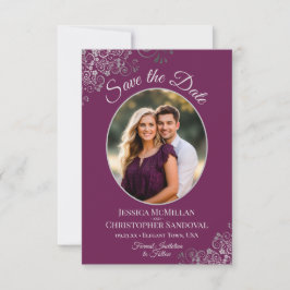 Elegantes Silver Lace & Foto auf Magenta Wedding Save The Date