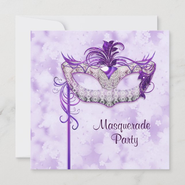 Elegantes Silver Lila Masquerade Party Einladung (Vorderseite)