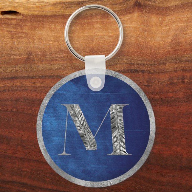 Elegantes Silver & Navy Blue Personalisiert Monogr Schlüsselanhänger (Vorderseite)