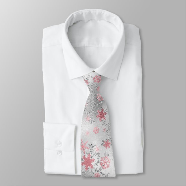 Elegantes Silver Pink Weihnachten Schneeflockenmus Krawatte (Gebunden)