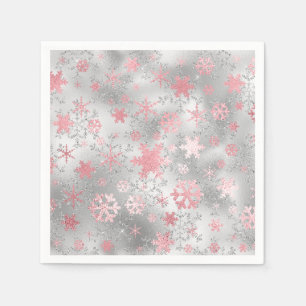 Elegantes Silver Pink Weihnachten Schneeflockenmus Serviette