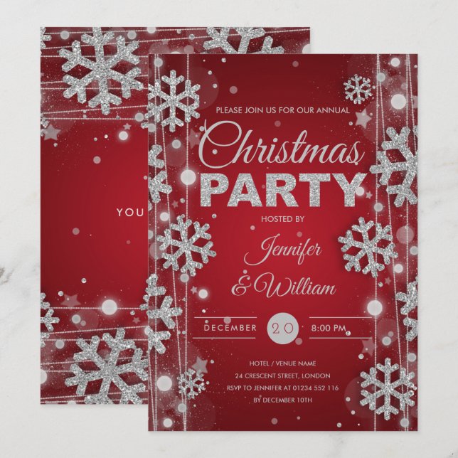Elegantes Silver Red Winter Glam Weihnachts-Party Einladung (Vorne/Hinten)