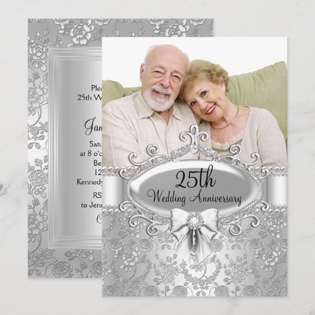 Elegantes Silver Rose Foto 25-jähriges Jubiläum Einladung (Vorne/Hinten)