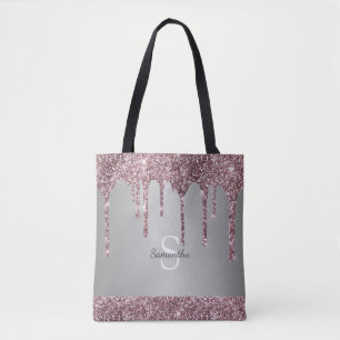 Elegantes Silver Rose Gold Pink Glitzer Monogram Tasche