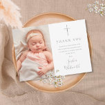 Elegantes Silver Script Taufe Christening Foto Dankeskarte<br><div class="desc">Eine elegante silberne Signatur Drehbuch Taufe oder Christening Dankeschön Karte. Personalisieren Sie mit Ihrem besonderen Foto und bedanken Sie sich bei Set in schicken silbernen Schriften. Entwickelt von Thisisnotme©</div>