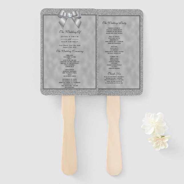 Elegantes Silver & Stylish Glitzer Wedding Program Fächer (Vorne und Hinten)