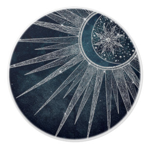 Elegantes Silver Sun Moon Doodle Mandala Blaues De Keramikknauf