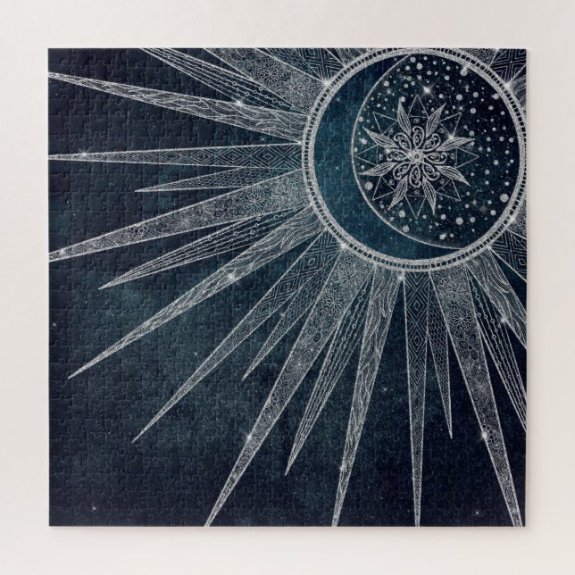 Elegantes Silver Sun Moon Doodle Mandala Blue Desi (Vertikal)