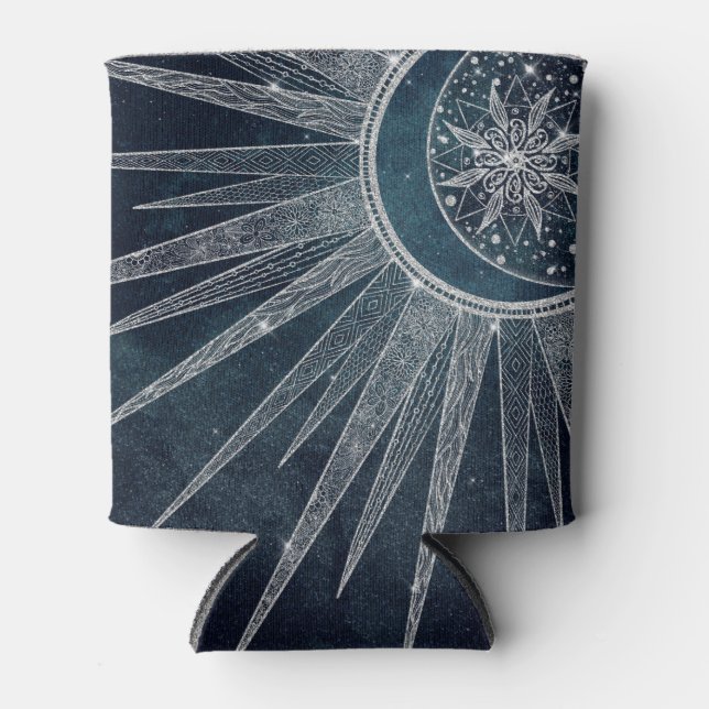 Elegantes Silver Sun Moon Doodle Mandala Blue Desi Dosenkühler (Vorderseite)