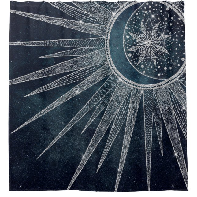 Elegantes Silver Sun Moon Doodle Mandala Blue Desi Duschvorhang (Vorderseite)