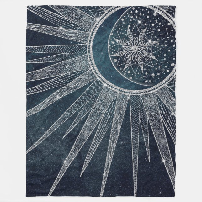 Elegantes Silver Sun Moon Doodle Mandala Blue Desi Fleecedecke (Vorderseite)