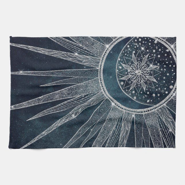 Elegantes Silver Sun Moon Doodle Mandala Blue Desi Geschirrtuch (Horizontal)