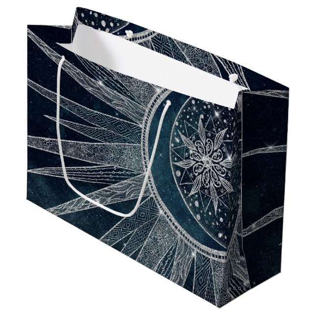 Elegantes Silver Sun Moon Doodle Mandala Blue Desi Große Geschenktüte (Vorderseite Schrägansicht)