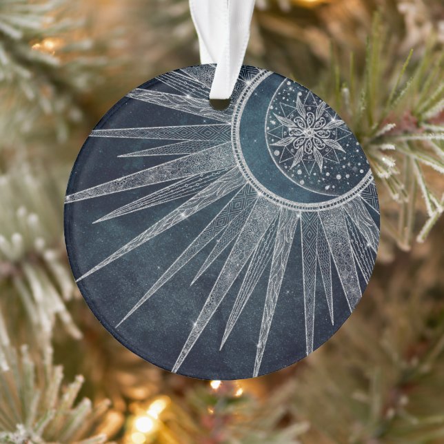 Elegantes Silver Sun Moon Doodle Mandala Blue Desi Ornament (Baum)